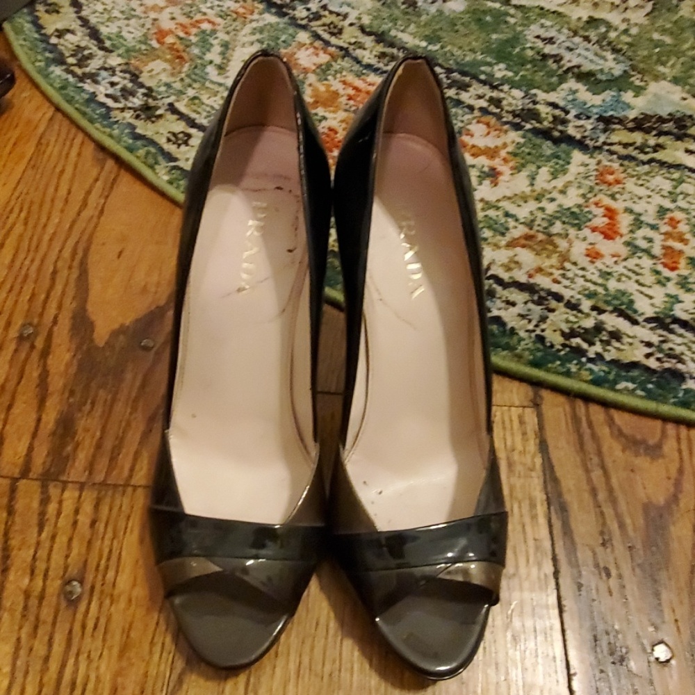 Prada metallic and black peeptoe heels